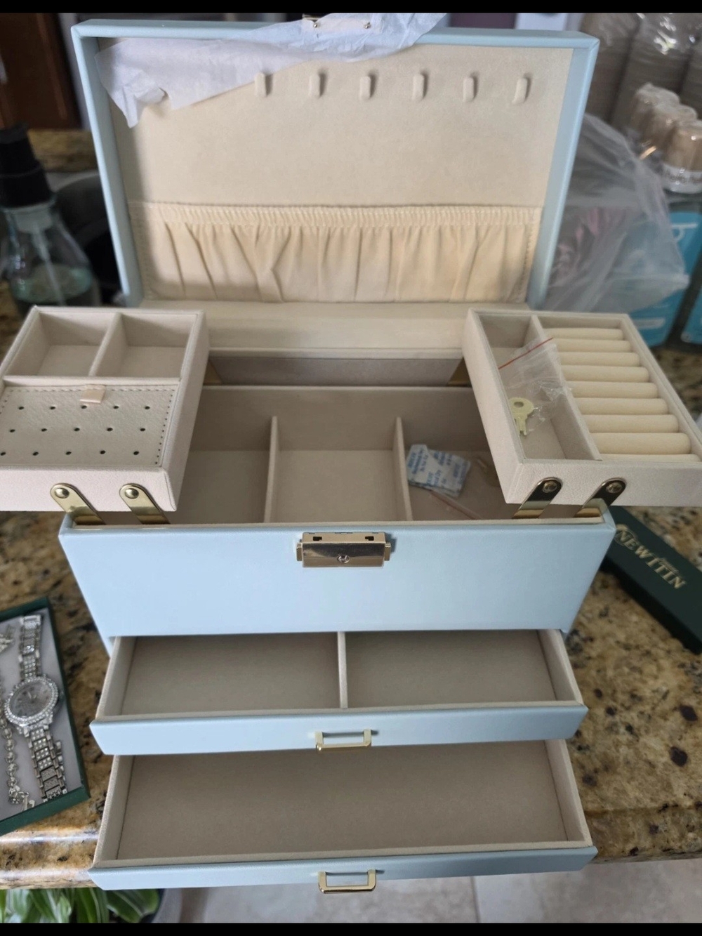 Light Blue Faux Leather Lockable Velvet-Lined Jewelry Box Organizer w/ Drawers